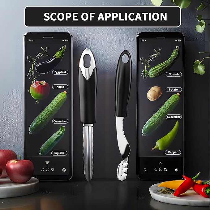 Jalapeno Pepper Corer & Zucchini/Cucumber Corer, Set of 2, Newness Stainless Steel Core Deseeder Kitchen Tool with Serrated Slice and Rubber Handle, Easy for Seed Remover or Slice off Vegetables tops