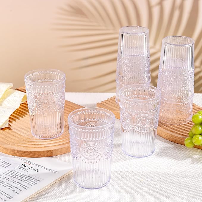 Ciaell 12 Pack Romantic Plastic Water Glasses - 14 Oz Clear Vintage Drinking Glasses, Embossed Ribbed Plastic Cups, Textured Striped Drinkware Set for Juice, Beverages, Beer, Cocktail