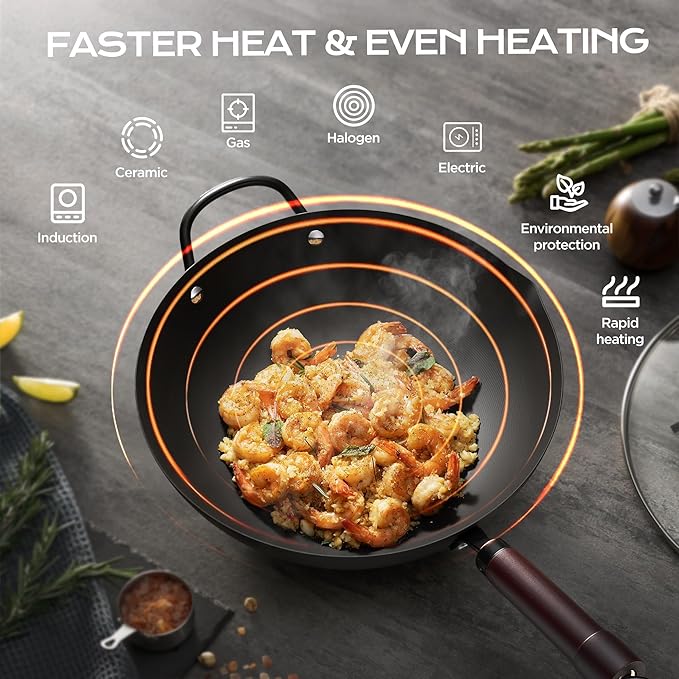 Wok, 13 Inch carbon steel wok pan with steamer & stir-fry pans nonstick, Pre-Seasoned 5.8QT Flat Bottom Chinese Woks Paella Pan with lid, Carbon Steel Cookware, Compatible with All Cooktops
