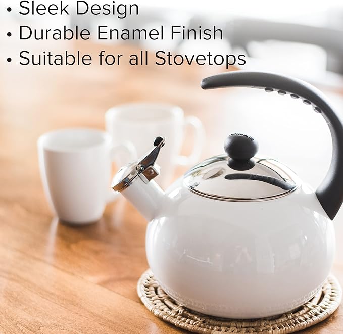 Farberware Luna Water Kettle, Whistling Tea Pot, Works For All Stovetops, Porcelain Enamel on Carbon Steel, BPA-Free, Rust-Proof, Stay Cool Handle, 2.5qt (10 Cups) Capacity (White)