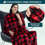 PAVILIA Travel Blanket and Pillow, Arms Opening Airplane Blankets for Adults, Compact Plane Blanket with Arm Hole 2-in-1 Bag for Flight Car Camping Luggage Backpack Traveler Gift, Checkered Red