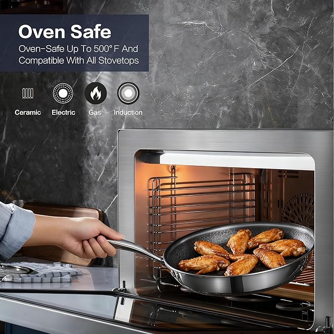 Non Stick Frying Set, 8, 10 and 12-Inch Hybrid Non Toxic Fry Pan Skillet with Lids, Dishwasher and Oven Safe, Induction Ready, Silver Kitchen Cookware set (7-Pcs Pan Set)