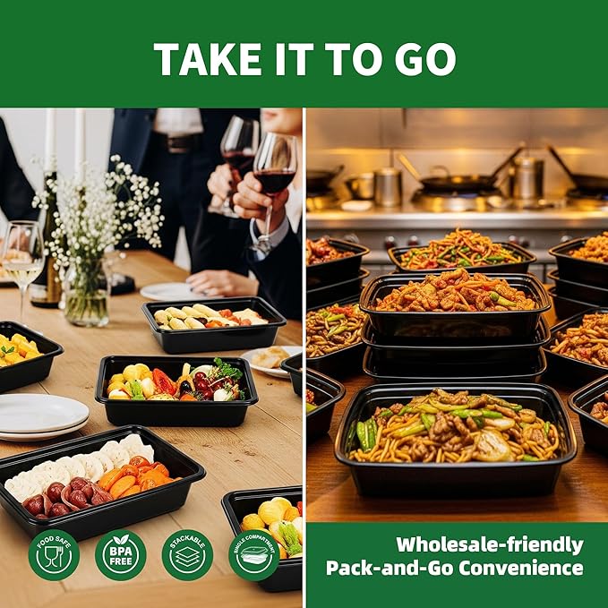 Meal Prep Containers, 50 Pack 12oz (100-Piece) Disposable Take Out Food Storage Containers with Leakproof Lids, Reusable Plastic To Go Lunch Boxes, BPA Free, Microwave/Dishwasher/Freezer Safe