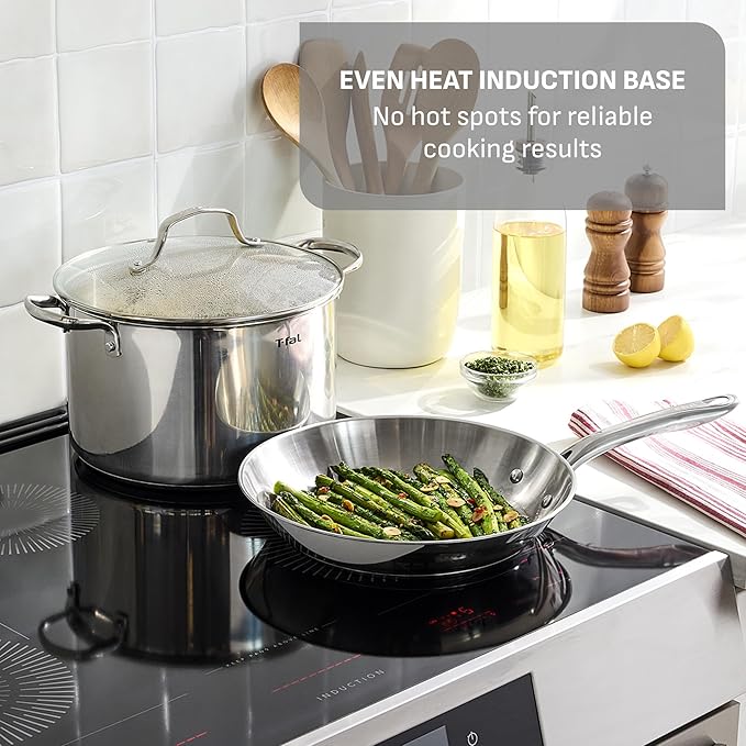 T-fal Gourmet 15-Piece Stainless Steel Cookware Set, Pots and Pans Cooking Set, Dishwasher Safe, Oven Safe to 500°F, Induction Compatible, Stock Pot, Sauce, Saute, Frying Pans, Silver