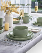 Famiware Star 12-Piece Stoneware Dinnerware Sets, Service for 4 - Handcrafted Reactive Glaze Plates and Bowls, Modern Rustic Dishes, Chip/Scratch Resistant, Microwave/Dishwasher Safe, Matte Sage Green