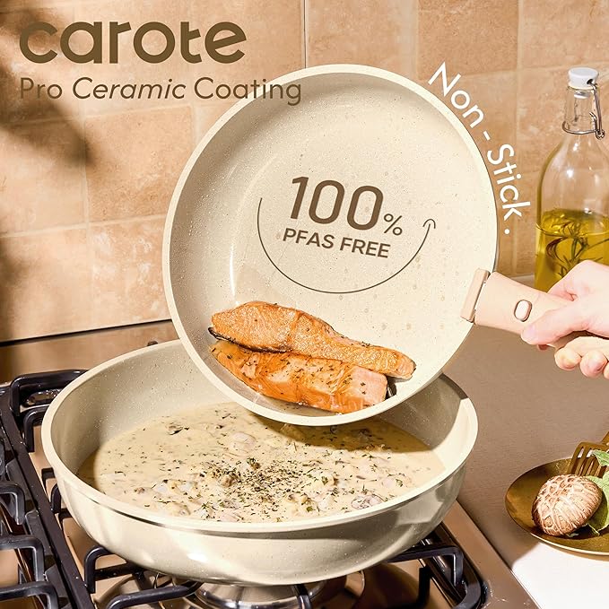 CAROTE 25PCS Ceramic Cookware Set, Pots and Pans set Non Stick, RV Kitchen Cooking Set Removable Handles, Oven Safe, Induction Cookware, Non-toxic Kitchen Cooking Set, PFAS and PFOA Free