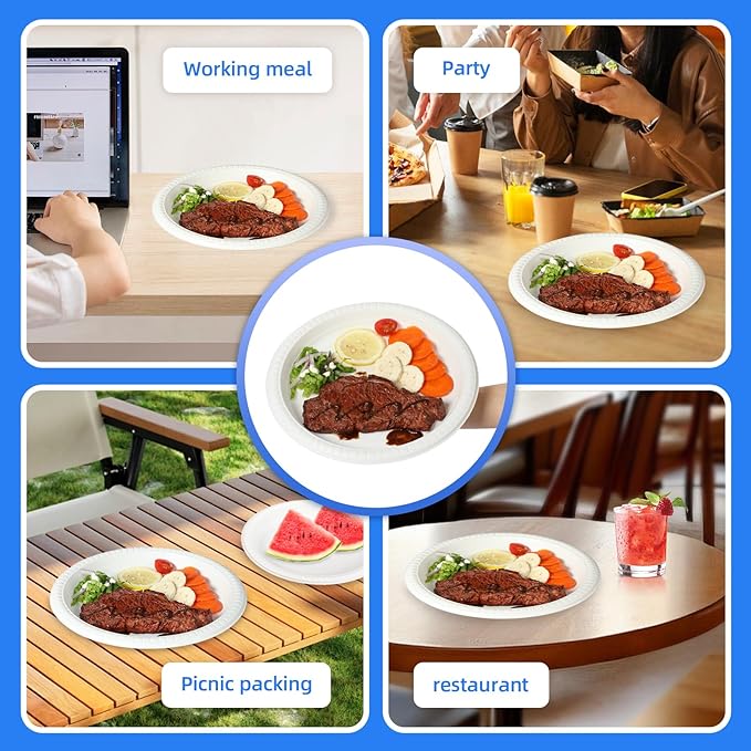 YANGRUI Plastic Plates Shrink Wrap 10" 150 Pack - Unbreakable Mineral Filled PP | BPA Free Commercial White Tray | Microwave Safe Freezer Ready | Reusable & Disposable Heavy Duty Bulk Party Plate