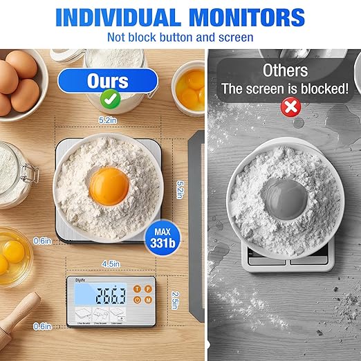 Rechargeable Split Food Scale, Diyife 33lb Digital Kitchen Scales with Split Display, 1g/0.1oz High Accurate, Food-Grade 304 Stainless Steel, 7 Units, Backlit LCD, for Cooking, Baking, Meal Prep