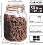 Qianfenie 50 oz Glass Jars with Airtight Lids, Wide Mouth Mason Jars with Clip Top Lids for Kitchen - Square Glass Jars with Chalkboard Labels and Replacement Silicone Gaskets, Set of 4
