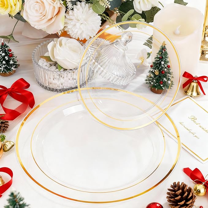I00000 102 Pcs Clear Gold Plastic Plates - Disposable Party Plates, Gold Disposable Include 51 Dinner Plates and 51 Dessert Plates, Plastic Plates for Party, Holiday, Wedding & Birthday