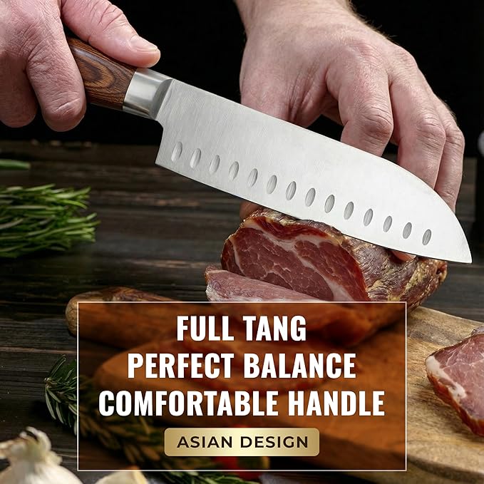 Santoku Knife – Ultra Sharp 7 Inch Meat and Vegetable Japanese Knife for Chopping, High Carbon Stainless Steel Blade, Full Tang Pakkawood Handle – Shinobi Series