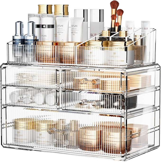 ZHIAI Stackable Organizer, Acrylic Cosmetic Organizer for Dresser, Vanity, Kitchen Cabinet, Bathroom, Under Sink, Home Organization and Storage (1 Top 5 Drawers)