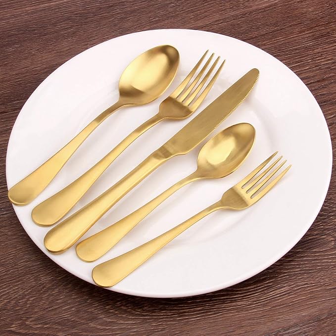 SHARECOOK Satin Finish 40-Piece Stainless Steel Flatware Set, Matte Gold Silverware, Dishwasher Safe