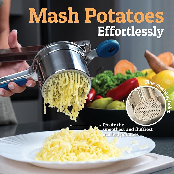PriorityChef Large 15oz Potato Ricer, Heavy Duty Stainless Steel Potato Masher and Ricer Kitchen Tool, Press and Mash Kitchen Gadget For Perfect Mashed Potatoes - Everytime, Blue