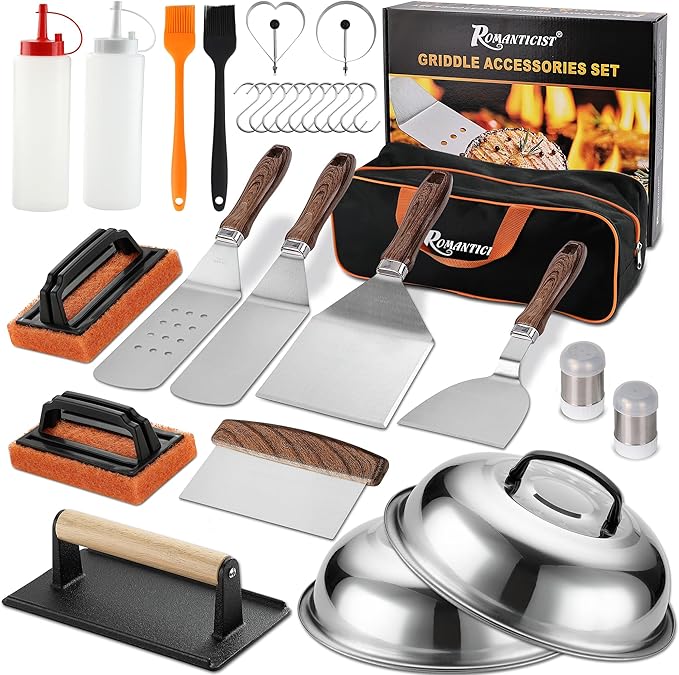 ROMANTICIST 29PCS Griddle Accessories Set - Flat Top Teppanyaki Spatula Set with Scraper, Basting Cover for Camp Chef- Home Cooking Griddle and Outdoor BBQ Gifts for Christmas