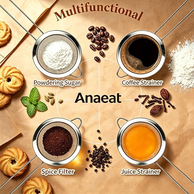 Anaeat Fine Mesh Strainers - Premium Stainless Steel Colander Sieve Sifters, with Durable Mesh and Sturdy Handle, Excellent for Sifting Dry ingredients, Flour, Pastas, Rice, Tea (5.5")