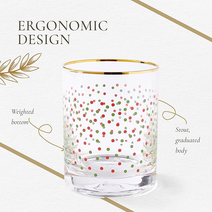 Spode Christmas Tree 14 Fl. Oz. Double Old Fashion Glass (Set of 4), Polka Dot - Whiskey & Bourbon Glasses for Festive Entertaining, Old-Fashioned & Rocks Glasses for Holiday Drinks
