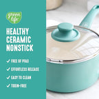 GreenLife 2.5QT Nonstick Saucepan with Glass Lid, Soft Grip, PFAS-Free Ceramic, Multipurpose Chef Pan, Milk & Sauce Cooking Pot, Dishwasher & Oven Safe to 350˚F, Stay-Cool Handle, Turquoise