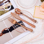bUCLA 100PCS Clear Rose Gold Plastic Plates Disposable - Heavy Duty 6.25 Inch Clear Plastic Dessert Plates with Rose Gold Trim - Ideal for Party, Wedding & Mother’s Day