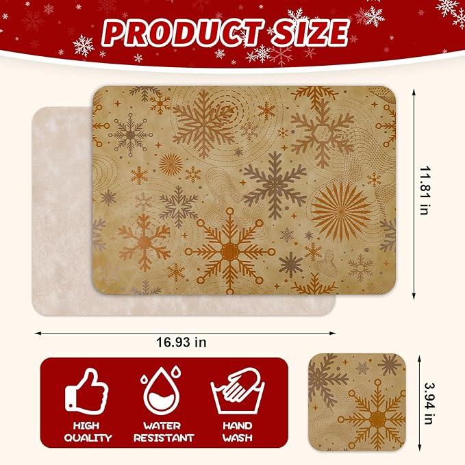 Le courant 16.9in 6PACK Winter Decoration Snowflake Placemats with 6 Coasters, Reversible Faux Leather Easy Clean Waterproof Stain Resistant Place Mats, for Home Party Dining Holiday Table Decor