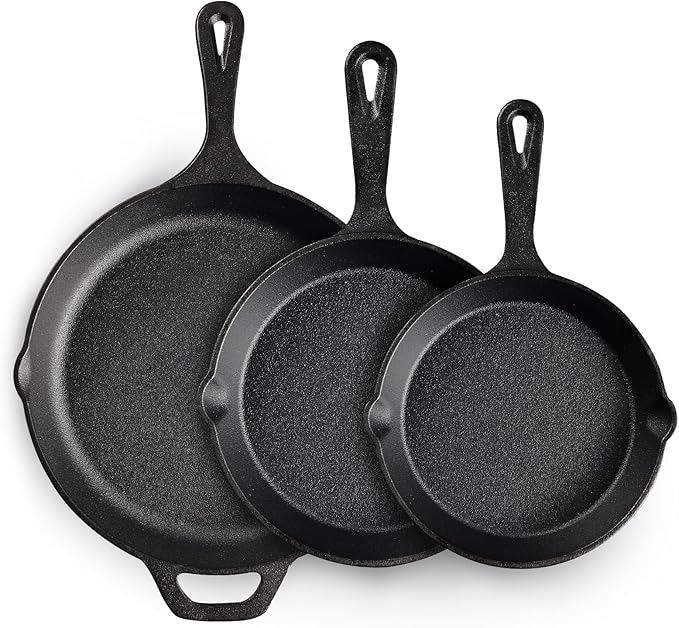 EWFEN Cast Iron Skillet 3-Piece Set, Heavy-Duty Professional Restaurant Chef Quality Pre-Seasoned Pan Cookware Set, 6", 8", 10" Pans For Frying, Saute, Cooking, Use Indoor/Outdoor, Oven, Grill