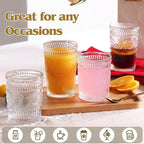 Vintage Drinking Glasses Set of 12, Textured Clear Striped Glass Cups-6 Highball Glasses 12oz & 6 Rocks Glasses 10oz, Mixed Glassware Set, Mojito Cups, Cocktail Glass, Iced Coffee Cup