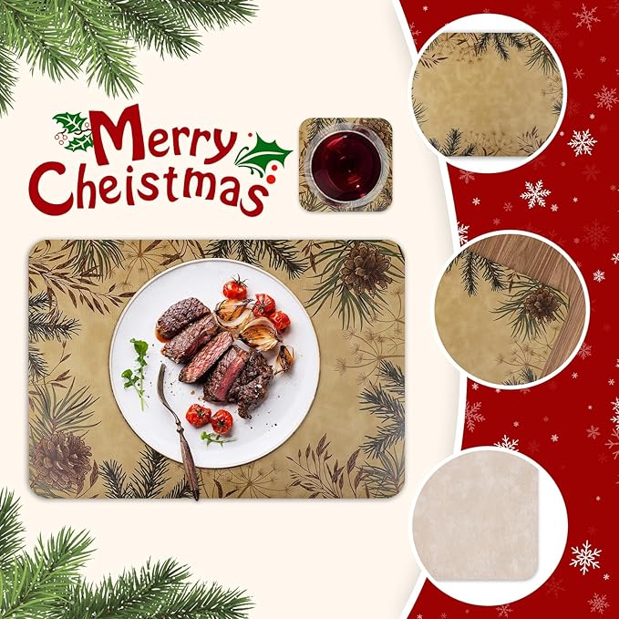 Le courant 16.9in 6PACK Winter Decoration Pinecone Placemats with 6 Coasters, Reversible Faux Leather Easy Clean Waterproof Stain Resistant Place Mats, for Home Party Dining Holiday Table Decor