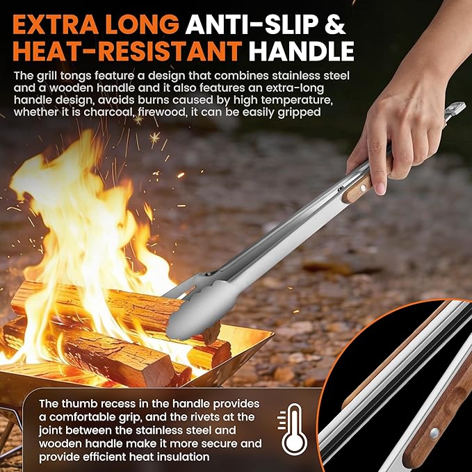 16-Inch Grill Tongs - Extra Long BBQ Tongs with Wood Handles - Heavy Duty Heat Resistant Barbecue Tong Stainless Steel Metal Tong for Cooking, Grill, Grilling, Charcoal, BBQ, Barbecue, Serving