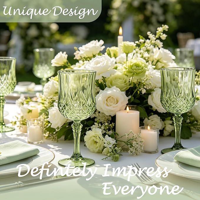 Plastic Wine Glasses, Plastic Goblets Vintage Style Cordial Unbreakable Drinking Glasses, Reusable Drinkware for Wedding Reception, Grand Event Party Supplies (24, New Green)