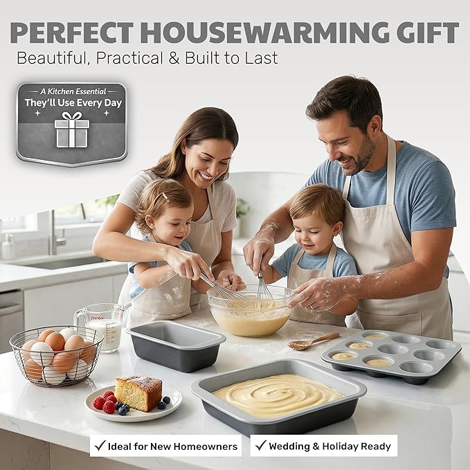Gotham Steel 6 Pc Stackable Baking Pans Set, 70% Space Saving Design, Ceramic Bakeware Sets Non Toxic Made Without PFOA PFOS, with Cookie Sheet Tray, Cake & Muffin Pans, Oven & Dishwasher Safe