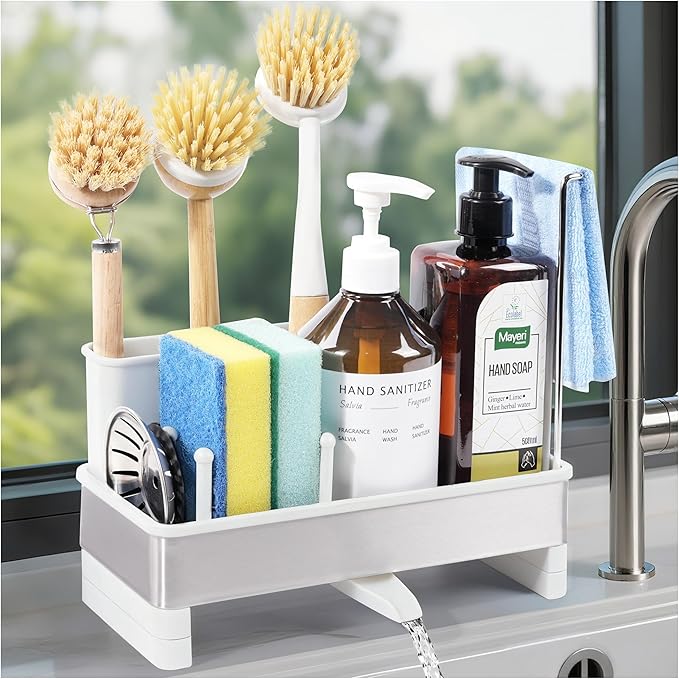 Kitchen Sink Caddy Organizer, Stainless Steel Sponge Holder, Kitchen Caddy Sink Organizer with Dish Brush Holder and Dishcloth Rack, Rustproof Dish Sponge Drying Rack for Countertop Storage