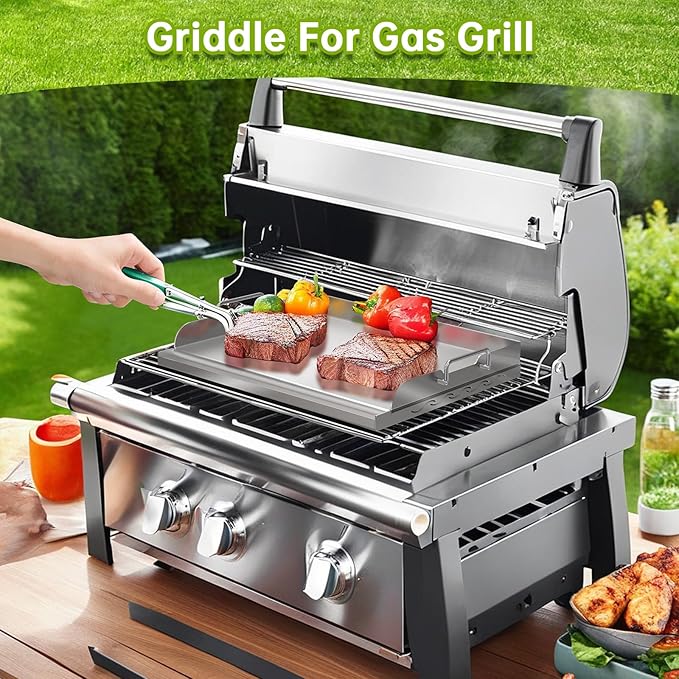 Universal Stainless Steel Griddle Flat Top Plate with Even Heating Bracing for BBQ Charcoal and Gas Grills, Camping, Tailgating, and Parties,with Grease Groove and Removable Handles (23" x 16")