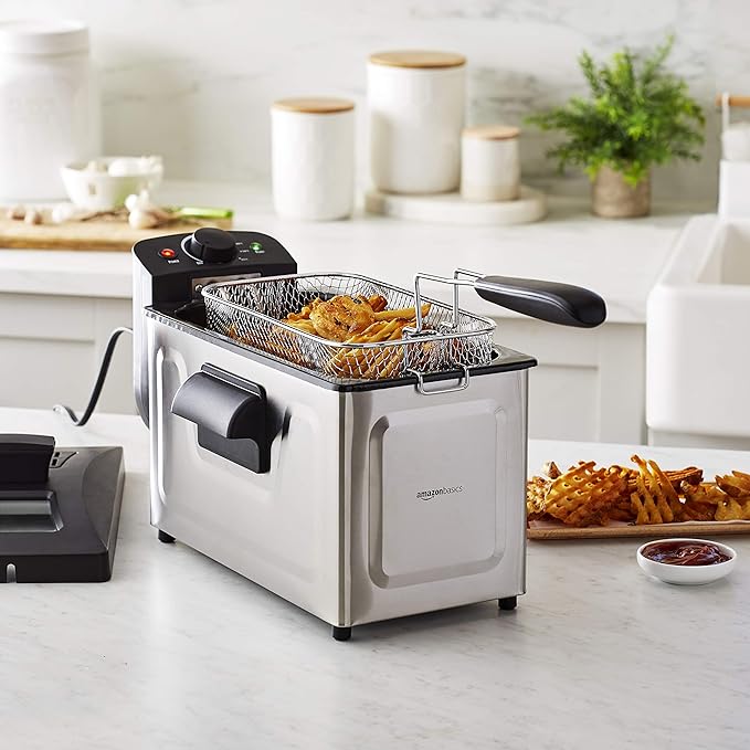 Amazon Basics 3.2-Qt (3.0L) Electric Deep Fryer with Adjustable Temperature Control, Easy Draining Basket, Viewing Window, Fast-Heating 1500W, Stainless Steel Exterior, Black & Silver