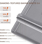 HONGBAKE 3 Pack Nonstick Ceramic Baking Sheet Pan Set for Oven, Non-Toxic Half/Quarter/Jelly Roll Pans with Diamond Texture, 0.8mm Aluminized Steel Cookie Trays for Cooking, Charcoal Gray