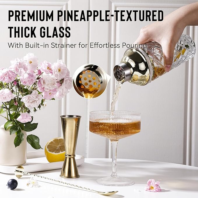 Cocktail Shaker Set with Coupe Glasses – 5-Piece Gift Set Includes Pineapple Glass Shaker with Gold Lid, Jigger, Bar Spoon & 2 Ribbed Gold-Rimmed Glasses – Bartender Kit for Home Bar