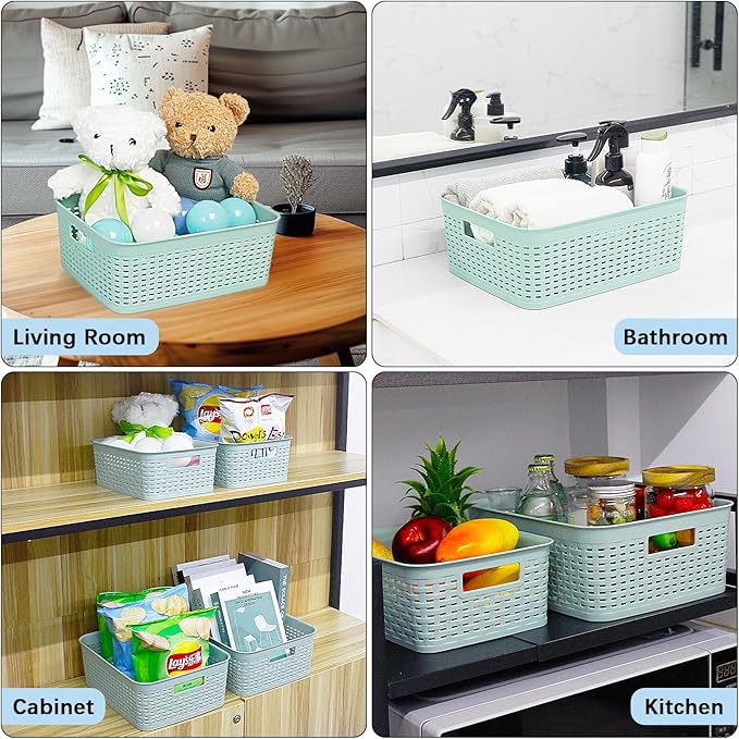 Soddeph Plastic Storage Baskets for Cabinets, Household Pantry Organization with Handle,Organizer Bins for Room,Bathrooms,Under-Sink,Kitchen (Green, S-3PACK)