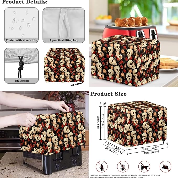 Rose Skulls Kitchen Appliance Covers 3 Pcs Set Gothic Toaster Covers 4 Slice Wide Slot & Blender Cover with Top Handle & Slow Cooker Dust Cover Halloween Decor