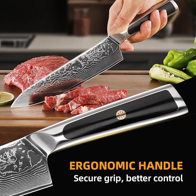 Sunnecko Damascus Kitchen Knife Set 3 Piece, Sharp Chef Knife Set with Kitchen Scissors, Professional Kitchen Knives Sets Full Tang with Gift Box