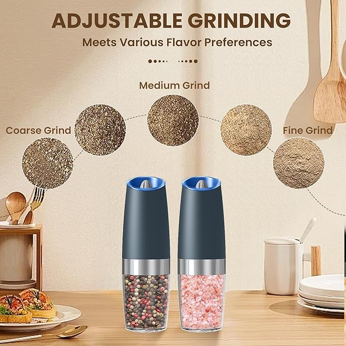 Gravity Electric Salt And Pepper Grinder Set, Automatic Salt And Pepper Grinder Set, Battery Powered (6 AAA Batteries Each), Adjustable Roughness, LED Light, 2 Pack, (Grey)
