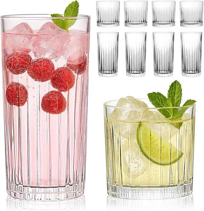 Laerjin Drinking Glasses Set of 8, 12 oz Highball Glasses & 10 oz Cocktail Glasses Set, Ribbed Glass Cups,Thick Glass Cups, Kitchen Water Glasses Cup, Bar Tumbler Glassware for Beer, Whiskey(Clear)
