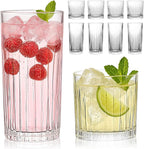 Laerjin Drinking Glasses Set of 8, 12 oz Highball Glasses & 10 oz Cocktail Glasses Set, Ribbed Glass Cups,Thick Glass Cups, Kitchen Water Glasses Cup, Bar Tumbler Glassware for Beer, Whiskey(Clear)