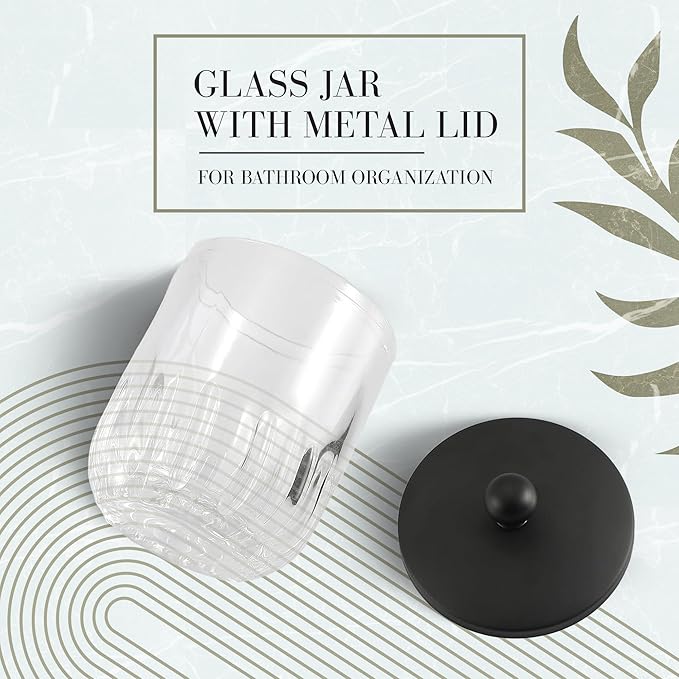 Glass Jar with Metal Lid for Bathroom Organization, Clear Apothecary Jar for Cotton Balls, Q Tips, and Small Accessories, Stylish Bathroom Storage Container Black