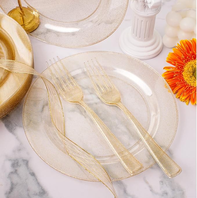 WELLIFE 150PCS Gold Dessert Plates – Gold Glitter Party Plates, Cups & Forks, Plastic Disposable Dinnerware Set for 50 Guests, Christmas, New Year’s Eve & Holiday Party Supplies