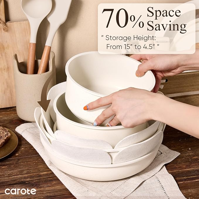 CAROTE Pots and Pans Set Non Stick, Cookware Sets, Kitchen Set, Oven/Dishwasher/Fridge Safe, Space Saving Pots Set, Nonstick Set with Versatile Detachable Handle, Induction RV Set, Cream