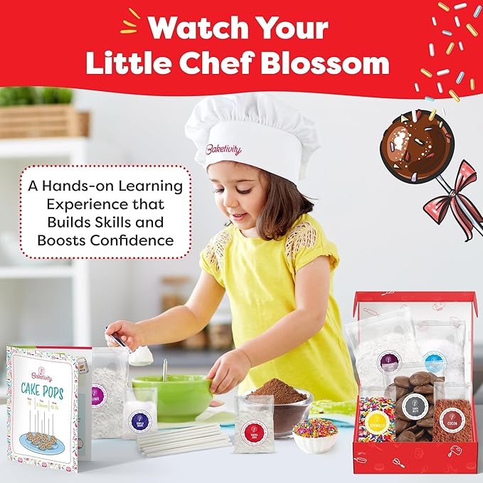Baketivity Kids Baking DIY Activity Kit - Bake Delicious Cake Pops with Pre-Measured Ingredients – Best Gift Idea for Boys and Girls Ages 6-12 – Includes Free Hat and Apron
