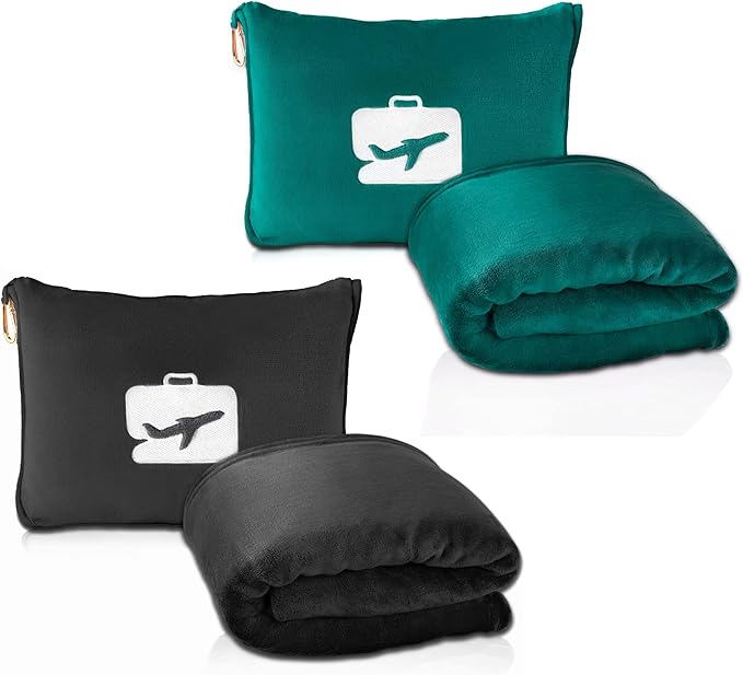 EverSnug Travel Friendly Blanket and Pillow Bundle – Airplane Travel Essentials with Soft Bag Pillowcase for Women & Kids | Color Includes Black & Teal