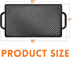 GGC Cast Iron Reversible Griddle, Double-sided Griddle Pan for Indoor and Outdoor Cooking, 15 x 9 Griddle Plate with Flat and Ribbed Side for Stove Tops, Gas Grills and Camping