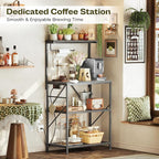 Huuger 4-Tier Bakers Rack with Reversible Power Outlet, 23.6 Inch Microwave Stand, Kitchen Coffee Bar, with Top Shelf, 6 S Hooks, Grey