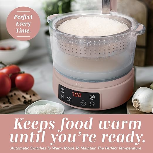 COOK WITH COLOR 3L Glass Mini Low Carb Rice Cooker – Holds 2 Cups Raw/Makes 6 Cups Cooked with Auto Lift Filter Basket, Hotpot & Steamer for Rice, Grains, Digital Panel with Keep Warm, Dusty Rose