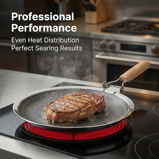 Nonstick Stainless Steel Cookware, 12-Inch Round Griddle Pan with PFAS-Free PURELYSEAR Ceramic Technology, Scratch Proof, Cool Grip Handles, Dishwasher Safe